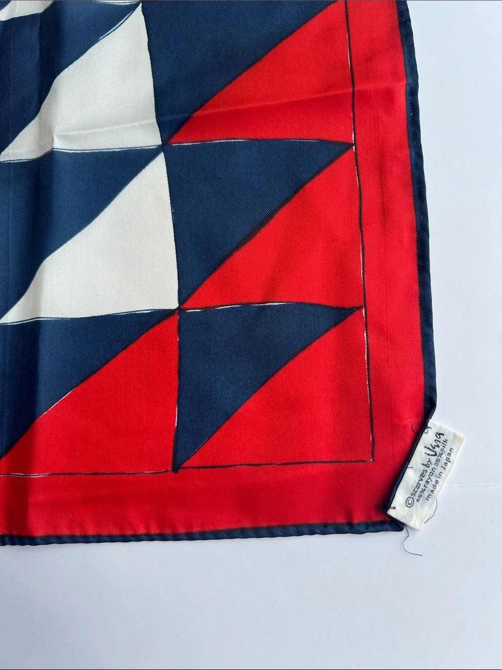 Vintage Vera Neumann Geometric Red Navy white Scarf made in Japan 22” square